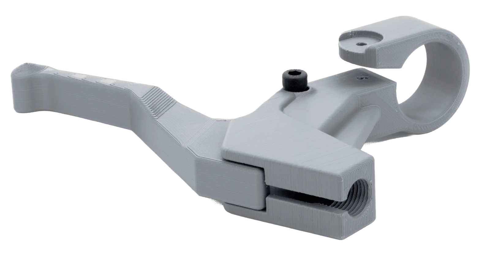 Grey 3D-printed bicycle brake lever with a circular handlebar clamp at one end and an integrated lever at the other