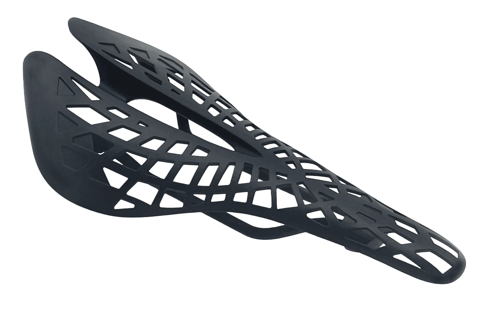 Angled view of a black 3D-printed bicycle saddle with an intricate spider-web lattice across the seating surface